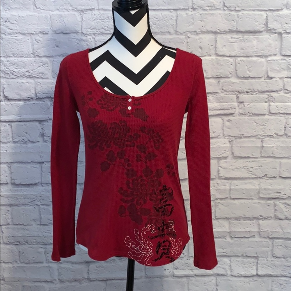 Lucky Brand Red Thermal  Japanese Print Top